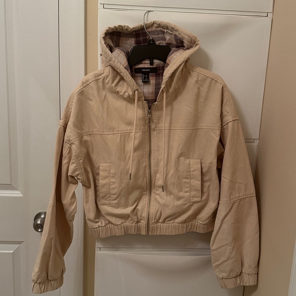 Forever 21 Beige Cropped Hooded Jacket Plaid Lining Size L - Picture 2 of 6